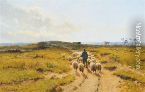 Shepard And Sheep In A Landscape Oil Painting - Cornelis Westerbeek Jr.