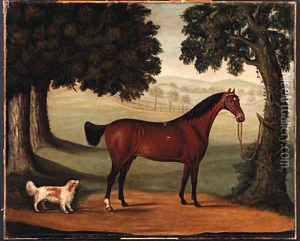 A Bay Horse and Spaniel in a Landscape Oil Painting - John Burell Read