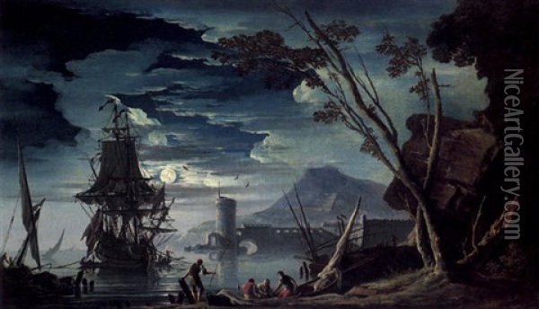 Sudlicher Hafen Bei Mondschein Oil Painting - Charles Francois Lacroix