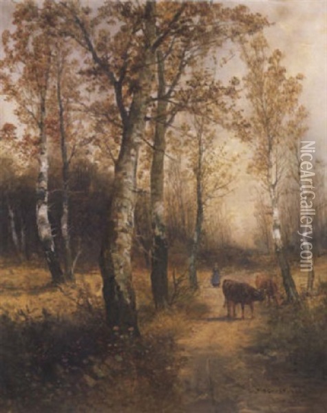 Tehenek Az Erdoszelen (cattles At The Ledge Of The Woods) Oil Painting - Georg Fischhof