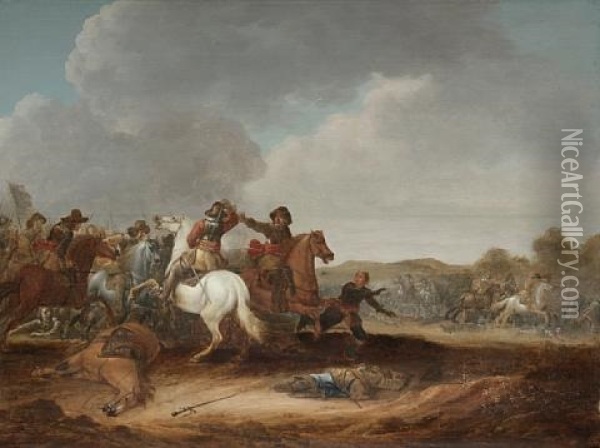 A Cavalry Skirmish With A Castle On A Plain Beyond (+ A Cavalry Skirmish In A Dune Landscape; Pair) Oil Painting - Nicolas de Quade van I Ravesteyn
