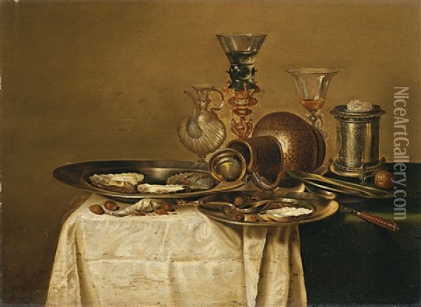 Stillleben Mit Glasern, Zinntellern Und Austern Oil Painting - Willem Claesz Heda