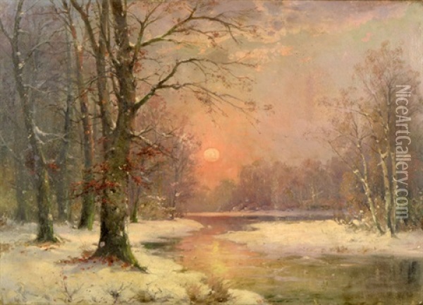 Sunset In Winter Landscape Oil Painting - Adolf Kaufmann