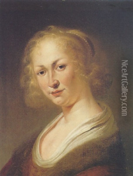 A Woman Wearing A Fur-trimmed Robe And A Line Of Pearls In Her Hair Oil Painting - Salomon de Bray