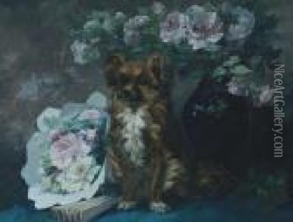 Hondje Poserend Bij Rozenboeketten Oil Painting - Henri Person