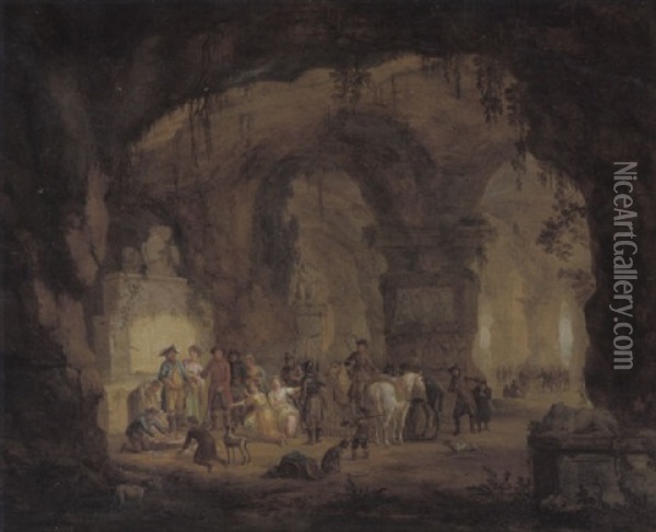 Zwei Junge Frauen Und Ein Mann Werden In Einer Felsgrotte Mit Steinernen Monumenten Einem Offizier Vorgefuhrt Oil Painting - Georg Heinrick Hergenroder