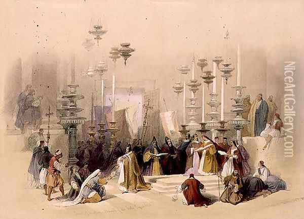 The Stone of Unction, Church of the Holy Sepulchre, March 30th 1839, plate 19 from Volume I of 'The Holy Land, engraved by Louis Haghe 1806-85 pub. 1842 Oil Painting - David Roberts