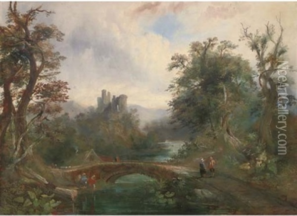 Figures By A Bridge With Hilltop Ruin Beyond Oil Painting - George Smith of Chichester