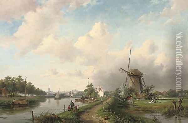 A summer's day at a Dutch windmill Oil Painting - Charles Henri Joseph Leickert