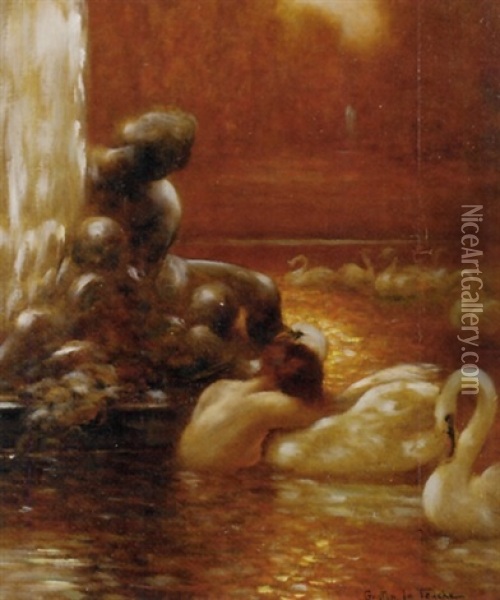 Leda And The Swan At Versailles Oil Painting - Gaston La Touche