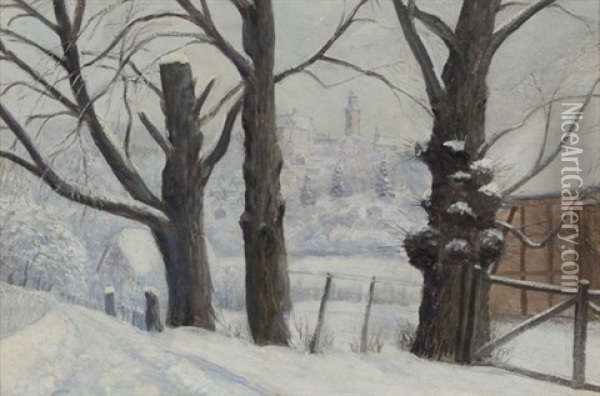 Blick Auf Kronberg In Verschneiter Winterlandschaft Oil Painting - Anton Burger