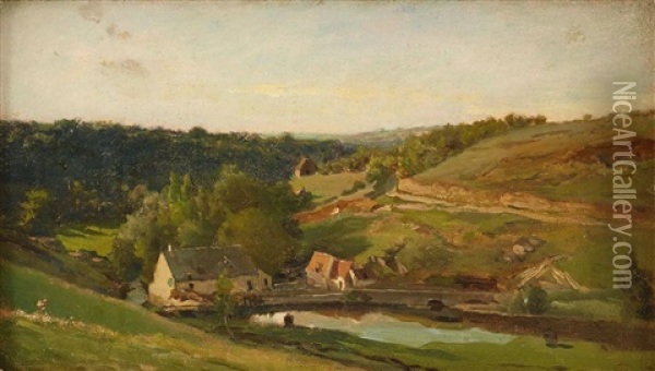 La Ferme Dans Le Vallon, Motiv Fran Morvan I Frankrike Oil Painting - Charles Francois Daubigny