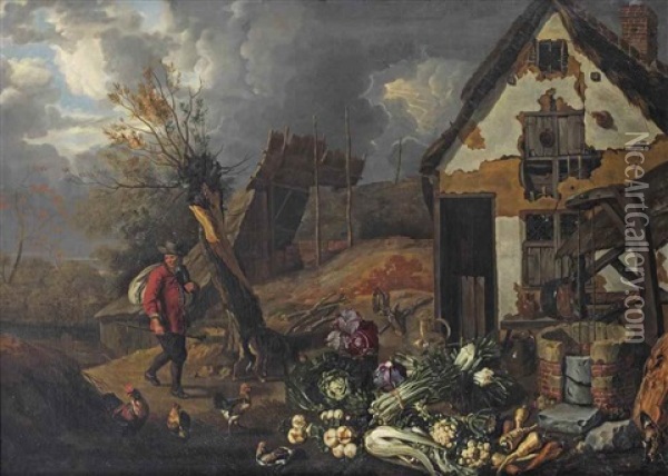 A Barn Exterior With A Man And His Dog Arriving, A Still Life Of Leeks, Cabbages, Turnips And Other Vegetables By A Well In The Foreground Oil Painting - Jan Siberechts