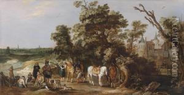 Horsemenresting By A Dutch Palace Oil Painting - Reyer Claesz. Suycker