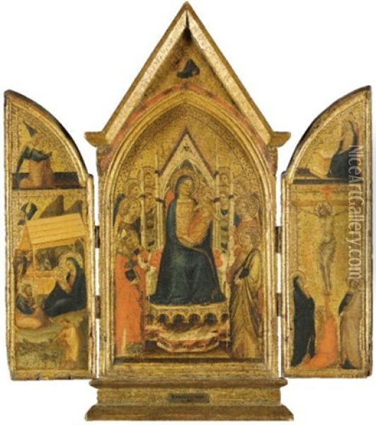 The Madonna And Child Enthroned With Saint Nicholas Of Bari, Two Female Saints, (saint George?) And Six Angels, With Christ The Redeemer In The Apex Above (+ 2 Others, Smllr; 3 Works)(tabernacle) Oil Painting - Jacopo (del Casentino) Landini