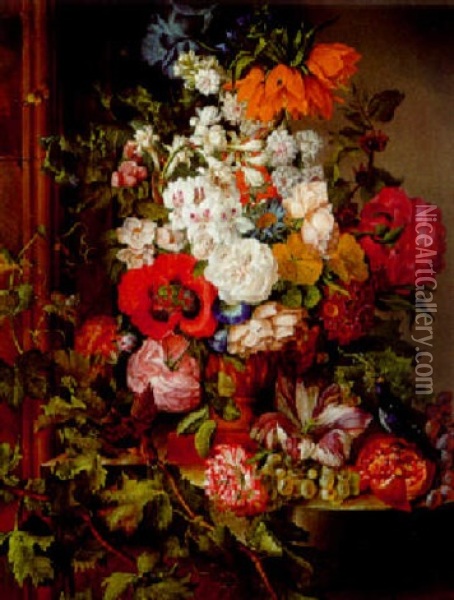 Groses Blumenstuck Mit Fruchten, Vogeln Und Insekten Oil Painting - Josef Schuster