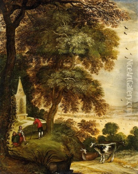 Waldlandschaft Mit Kuhen Und Wanderern Vor Einer Kapelle Oil Painting - Kerstiaen de Keuninck