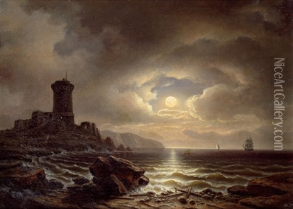 Vollmond Am Meer Mit Leuchtturm Oil Painting - Hans von Marees