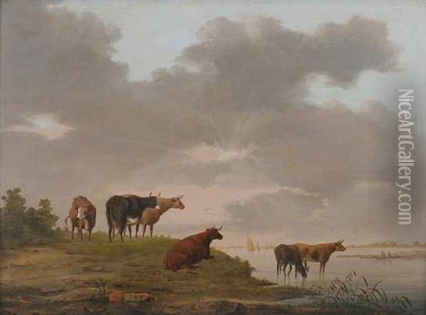 Kuhherde Bei Gewitterstimmung Am Wasser Oil Painting - Balthasar Paul Ommeganck