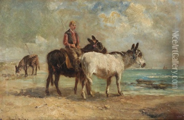 Pecheur Et Anes A La Plage Oil Painting - Henry Schouten