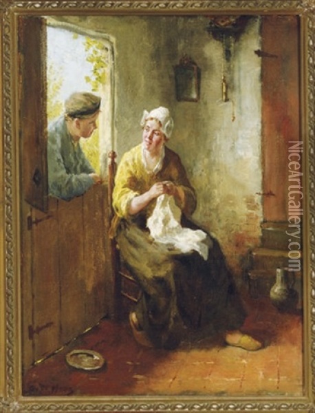 Conversation By The Kitchen Door Oil Painting - Bernard de Hoog