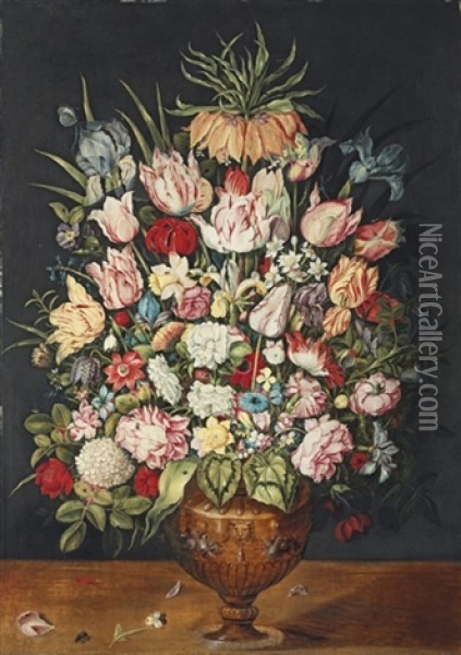 Tulips, Roses, A Chrysanthemum And Other Flowers In A Sculpted Bronze Urn Oil Painting - Osias Beert the Elder