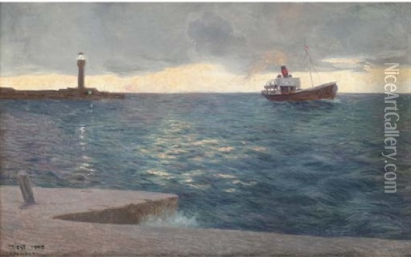 A Steamer At Trieste Lighthouse, Dusk Oil Painting - Otto Robert Nowak