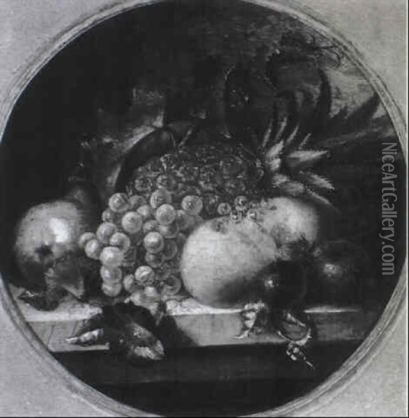 A Pineapple, Grapes, Apples And Plums With Convolvulus On A Ledge Oil Painting - George Lance