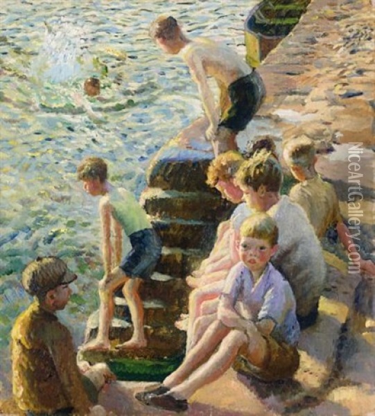 Boys Bathing Oil Painting - Harold Harvey
