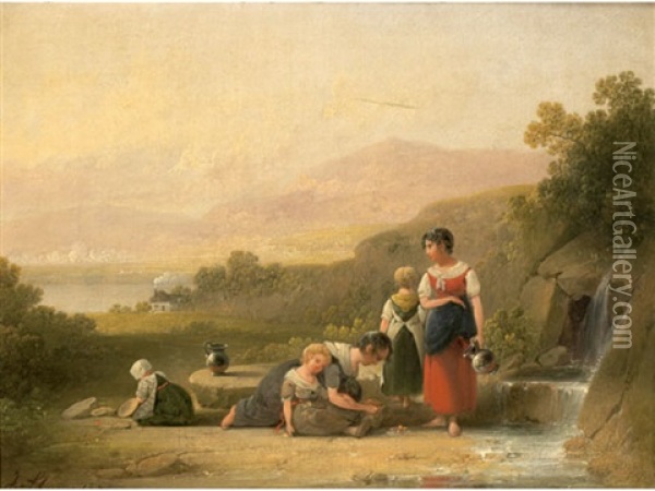 Women And Children At The River Oil Painting - William Edward Frost