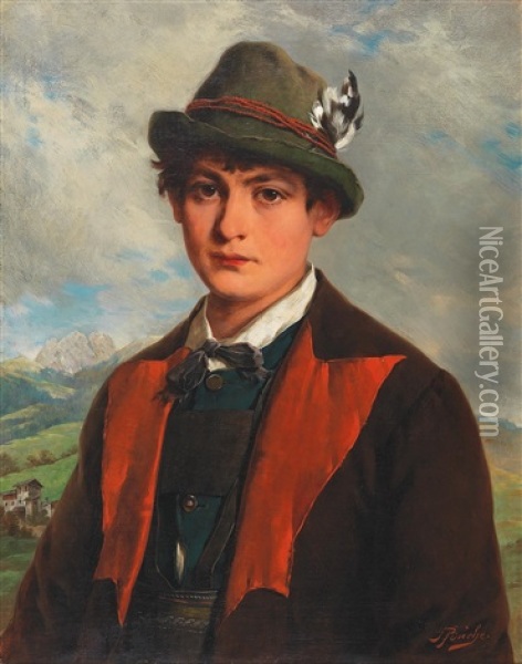 Portrait Of A Boy With The Dolomites In The Background Oil Painting - Josef Bueche