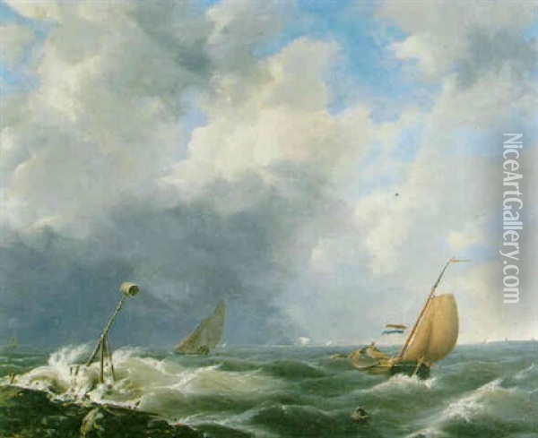 Shipping Off The Coast In A Stiff Breeze Oil Painting - Johannes Hermanus Koekkoek