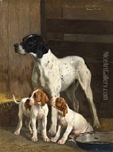 A Pointer With Two Puppies Oil Painting - Simon Simonsen