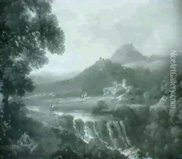 Berger Dan Un Paysage De Cascade                            Domine Par Un Chateau Oil Painting - Jan Frans van Bloemen