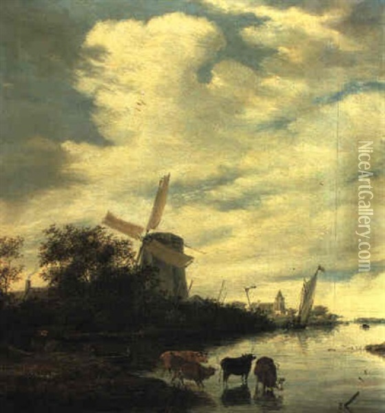 River Landscape With Cows Watering And Fishermen In A Rowing Boat Oil Painting - Salomon van Ruysdael