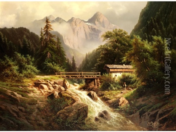 Gebirgsfluss Durch Die Alpen Oil Painting - Albert Rieger