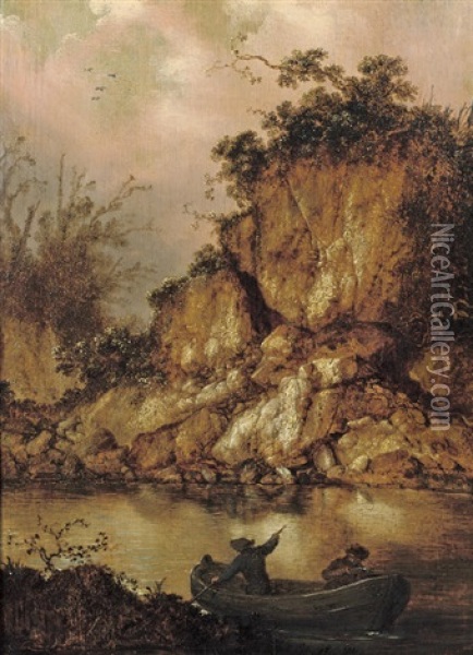 A Rocky River Landscape With Two Hunters In A Rowing Boat Oil Painting - Jacob Sibrandi Mancadan