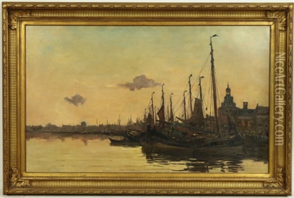 Havengezicht Bij Ondergaande Zon Oil Painting - Cornelis van Waning