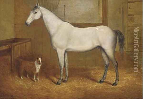 A grey with a terrier in a stable Oil Painting - John Charles Maggs