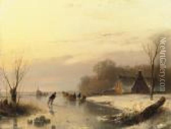 Ice-skating With A Koek-en-zopie In The Distance Oil Painting - Andreas Schelfhout