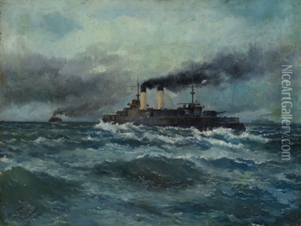 Warships On The High Seas Oil Painting - Mikhail Latri