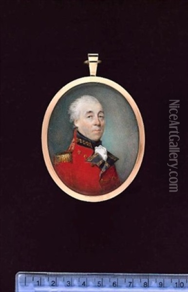 An Officer, Wearing Scarlet Coat With Blue Facings And Gold Epaulette, Gold Acorn Lace On His Collar, Frilled White Chemise And Black Stock, His Hair Powdered Oil Painting - Horace Hone