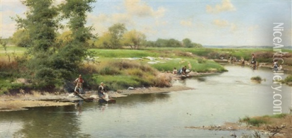 Washerwomen At The Edge Of The River, Guillena Oil Painting - Emilio Sanchez-Perrier