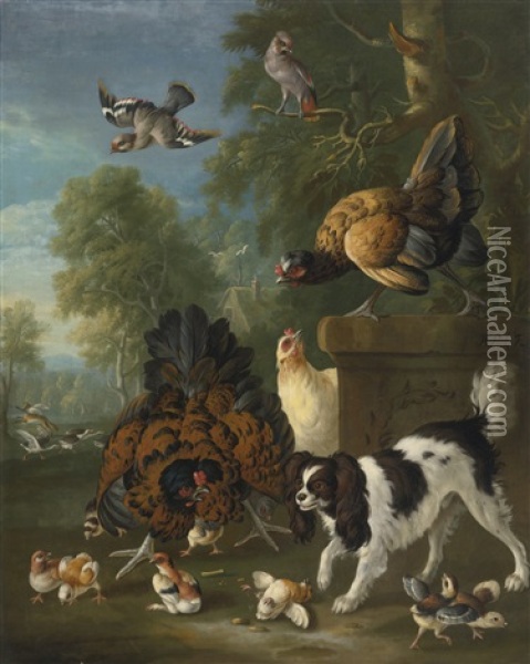 A Family Of Chickens Fending Off A Spaniel In A Landscape Oil Painting - Pieter Casteels III