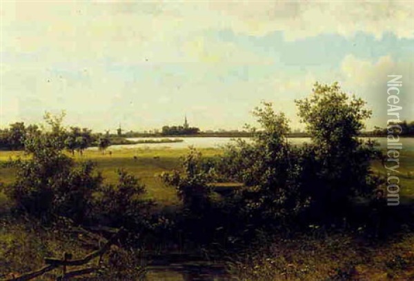 A Summer Landscape With A Hunter, A Town In The Distance Oil Painting - Johannes Joseph Destree