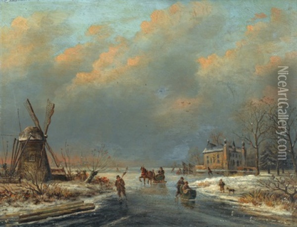 Winterliche Flusslandschaft Mit Windmuhle Oil Painting - Sebastiaan Theodorus Voorn-Boers