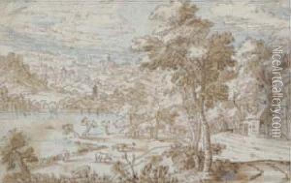 An Extensive River Landscape Oil Painting - Tobias van Haecht (see Verhaecht)