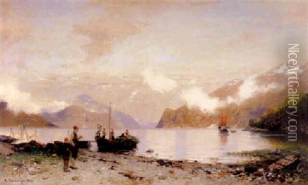 Sommertag Am Hjardanger Fjord, Heimkehrende Bauern Mit Beladenem Boot Oil Painting - Georg Anton Rasmussen