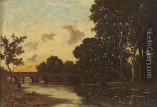 Paysage Au Pont Oil Painting - Leon Richet