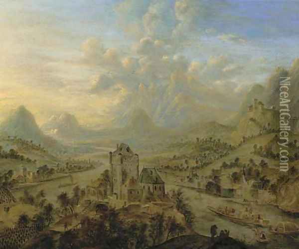 A landscape during the vendage, a castle in the foreground Oil Painting - Cornelis Verdonck